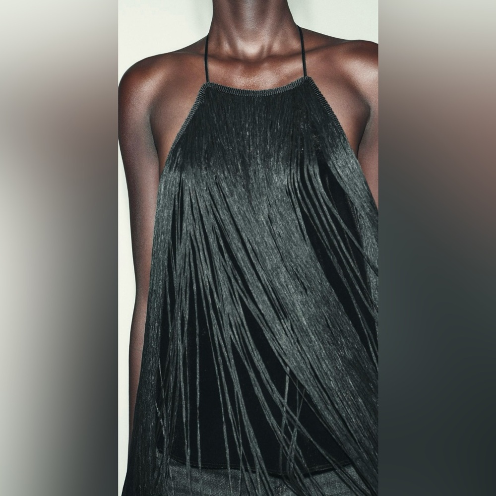 ZARA Black Velvet Fringed Halter Top - Size M - NEW - Picture 4 of 10